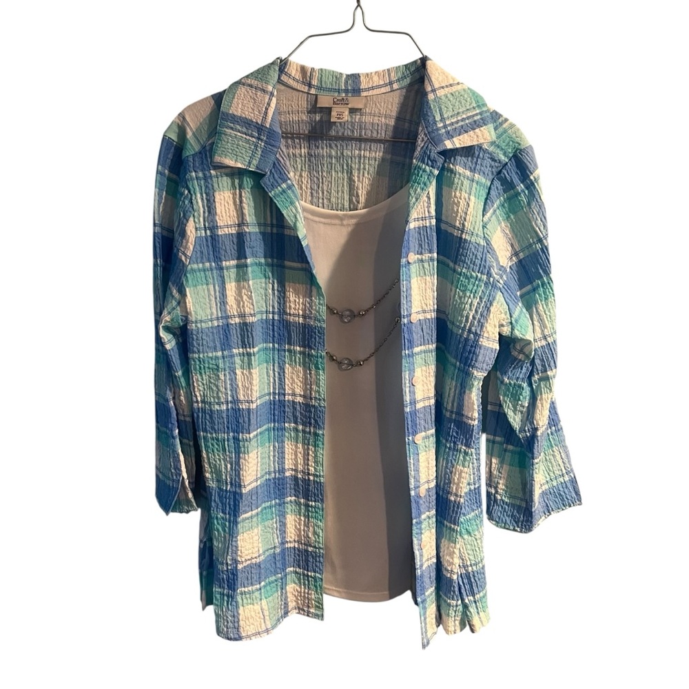 Croft & Barrow Women PXS Petite XS Blue Plaid Seersucker‎ Flannel Shirt Necklace